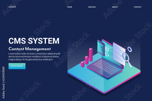 Content management system, cms business solution, internet content software technology, online media file manager, marketing  concept. 3d style isometric web banner, landing page template with text.
