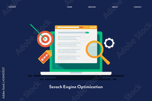 Organic seo marketing, targeting keyword, search engine optimization, seo search result on laptop screen. Web banner template, flat design landing page.
