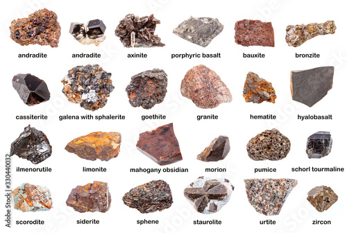 set of various brown unpolished minerals with name