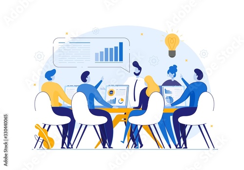 Business Team on Brainstorming Meeting, Company Conference. People Cartoon Characters Discussing Problems, Finding Solution, Sharing Ideas. Creative Thinking and Inspiration. Flat Vector Illustration.