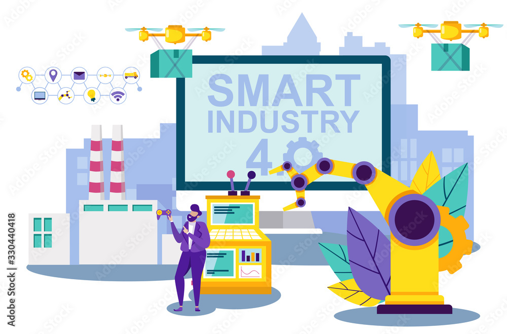 Obraz premium Man Hold Joystick. Man Remotely Control Drone and Crane. Industrial Enterprise. Computer Technology. Automation and Technology. Vector Illustration. Drone Delivery. Smart Idustry. Access Remote.