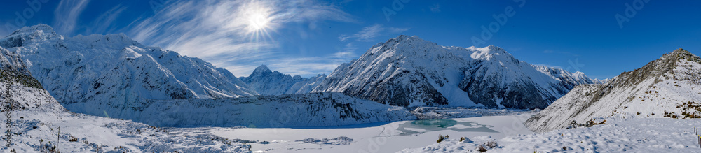 Panorama of Hooker Valley Track in winter, Mt Cook National Park, New Zealand