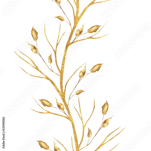 Gold dry branch. Seamless border isolated on white