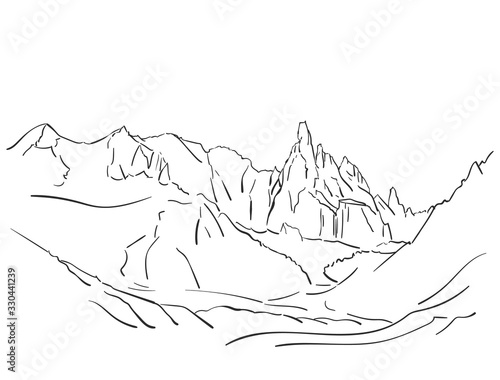 Linear sketch of Cerro Torre mountain massif in Patagonia, Hand drawn vector illustration