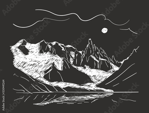 Linear sketch of Cerro Torre mountain massif and Lagoon Torre in Patagonia in moon night, Hand drawn vector illustration white lines on black background