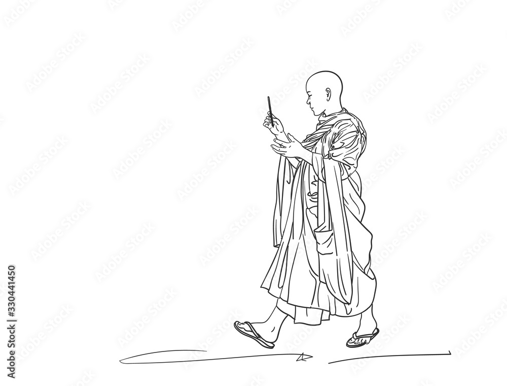 Obraz premium Sketch of walking buddhist monk with smart phone in hand, Hand drawn vector linear illustration isolated
