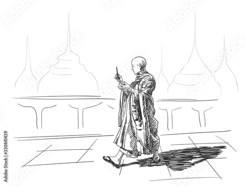 Sketch of buddhist monk with smart phone in hand walking outside temple, Hand drawn vector illustration