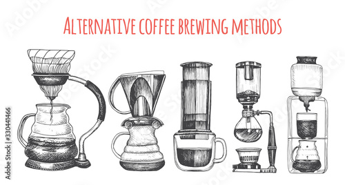 Illustration with an alternative way of brewing coffee. Alternative coffee brewing methods sketch.