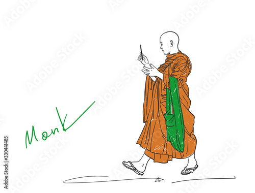 Colored sketch of walking buddhist monk with smart phone in hand, Hand drawn vector illustration isolated