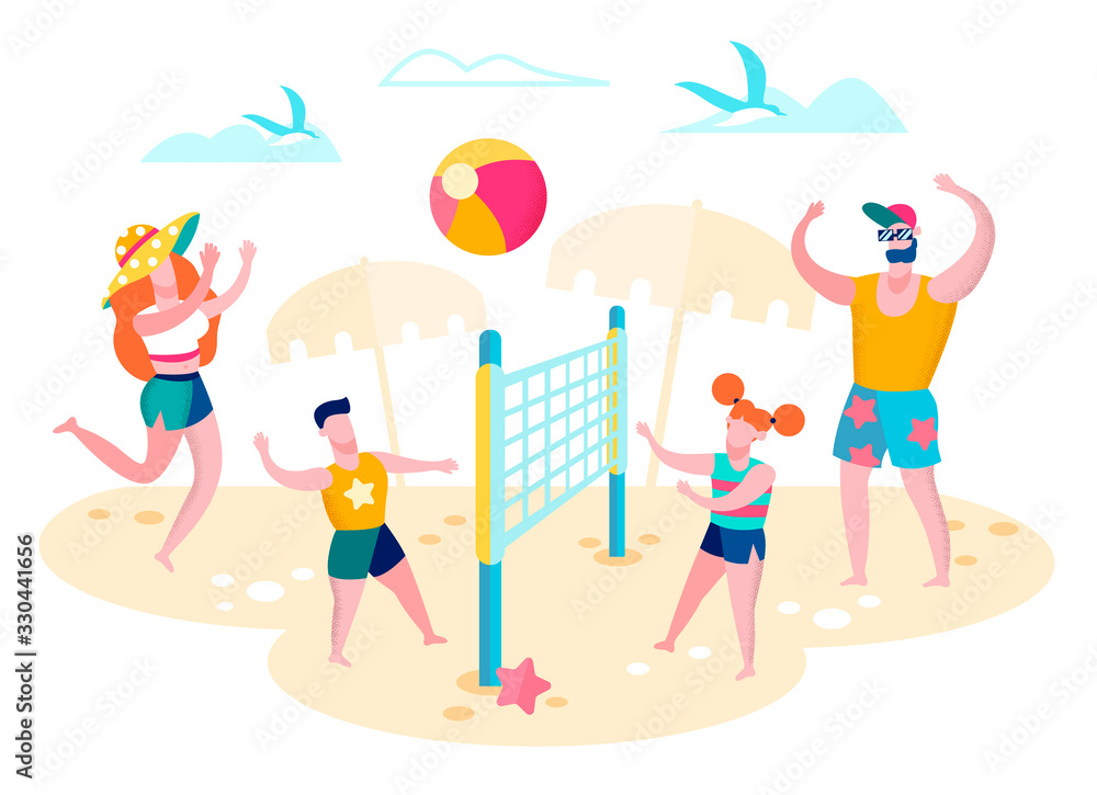Family Active Summer Recreation, Healthy Lifestyle, Outdoor Leisure Flat Vector Concept. Parents with Children Playing Volleyball on Sunny Beach Illustration. Tropical Resort Vacation Entertainments
