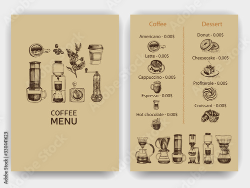 Illustration with an alternative way of brewing coffee. Alternative coffee brewing methods sketch.