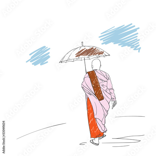 Colored sketch of walking buddhist nun under umbrella, Hand drawn vector illustration