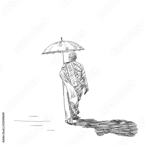 Sketch of walking buddhist nun under umbrella, Hand drawn vector illustration