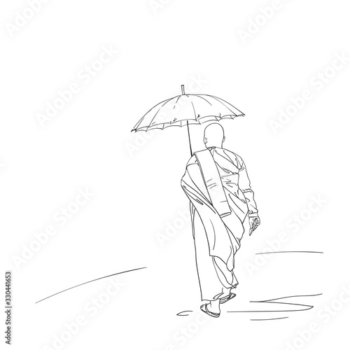 Sketch of walking buddhist nun under umbrella, Hand drawn vector linear illustration