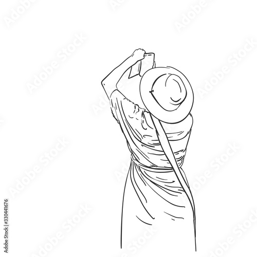 Sketch of woman in hat taking photo with smart phone, Hand drawn vector linear illustration