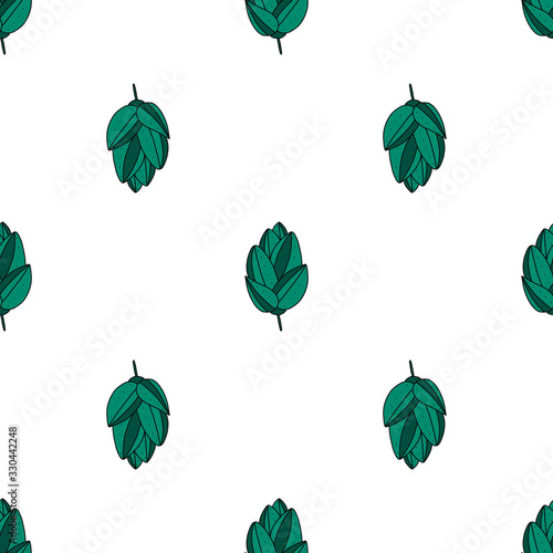 Hand drawn engraving style Hops seamless pattern. Common hops or Humulus lupulus with cones. dark green flowers on a white background. vector flower background. for fabrics, branding design
