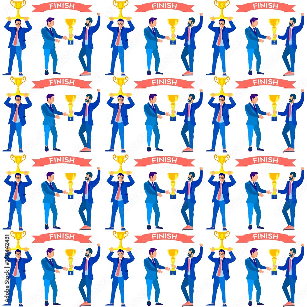 Flat Seamless Pattern with Cartoon Successful Businessmen Characters in Formal Clothes Holding Golden Trophy Award Cup. Competition Finish. Winners Reward and Celebration. Vector Endless Illustration Flat Seamless Pattern with Cartoon Successful Businessmen Characters in Formal Clothes Holding Golden Trophy Award Cup. Competition Finish. Winners Reward and Celebration. Vector Endless Illustration