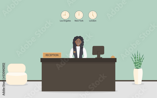 Receptionist black female behind workplace in hotel or bank. Interior of modern reception desk in waiting room or hall in business office with armchair for customers and cute plant.Vector illustration