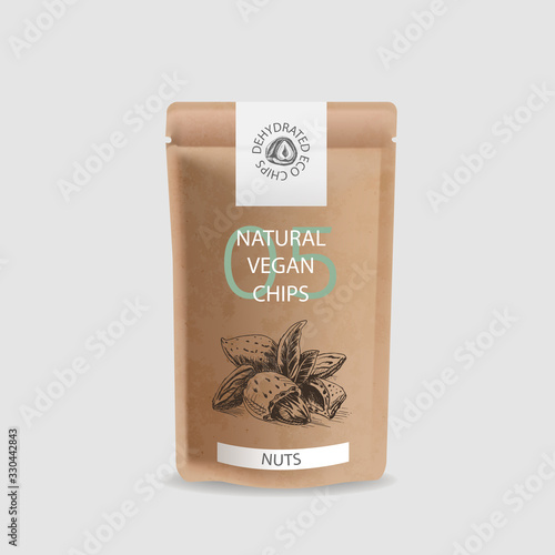 Vector illustration sketch nuts. Craft packaging for snacks. Branded package for natural eco product. Sketch almond.