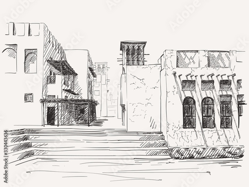 Sketch of old Dubai heritage city architecture, Hand drawn vector illustration, United Arab Emirates