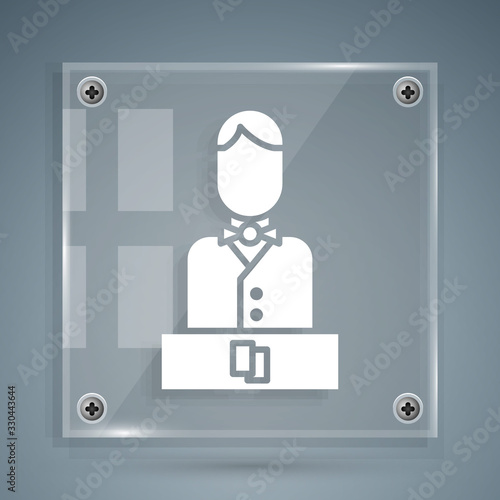 White Casino dealer icon isolated on grey background. Casino croupier. Square glass panels. Vector Illustration