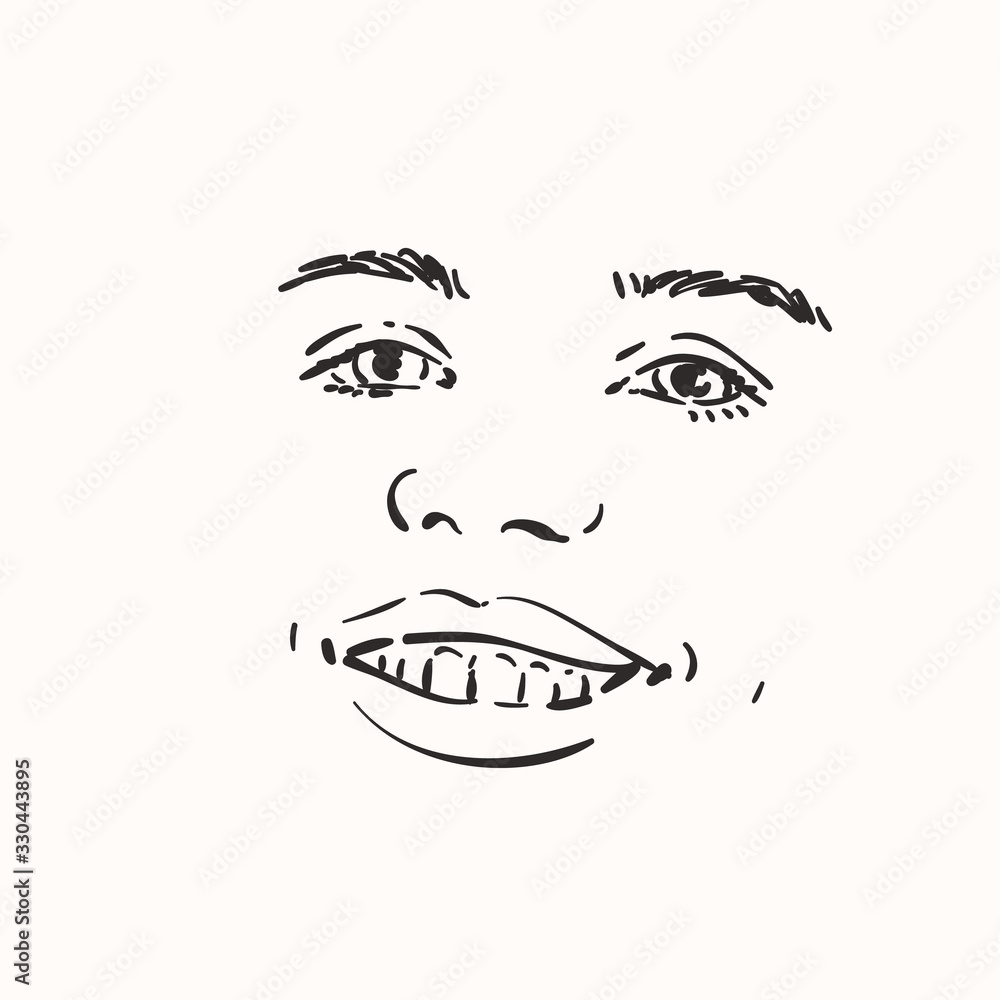 Smiling face of teenage girl, Vector sketch close up, Hand drawn illustration Smiling face of teenage girl, Vector sketch close up, Hand drawn illustration