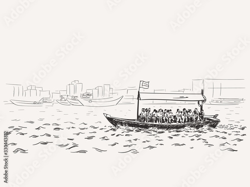 Sketch of traditional boat abra - local public transport on Dubai Greek. Hand drawn vector illustration