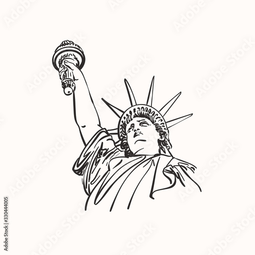Sketch of Statue of Liberty New York City USA, Head with hand raised up, Hand drawn vector linear illustration