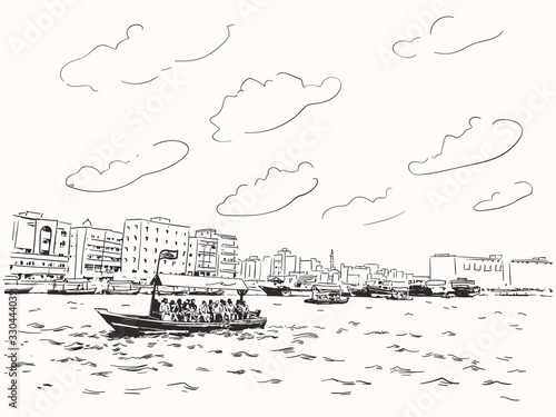 Sketch of Dubai Greek with traditional boat abra - local public transport. Hand drawn vector illustration