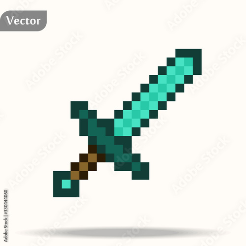 Sword icon consist from lot of pixels, color card, pixel weapon isolated on white background, vector illustration, big handle with golden elements