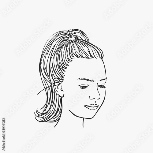 Sketch of girl's head serious eyes looking down, Hand drawn vector illustration
