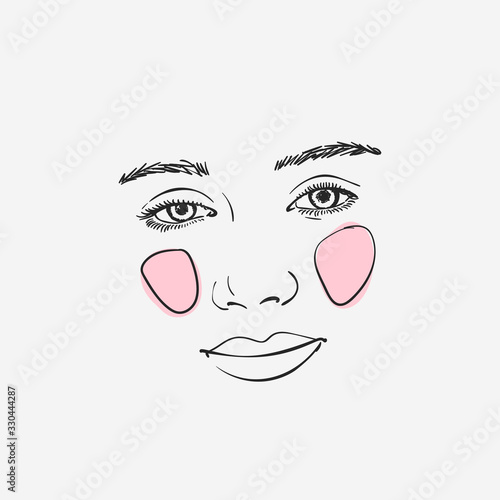Sketch of romantic girl's face with pink cheeks, Hand drawn vector illustration