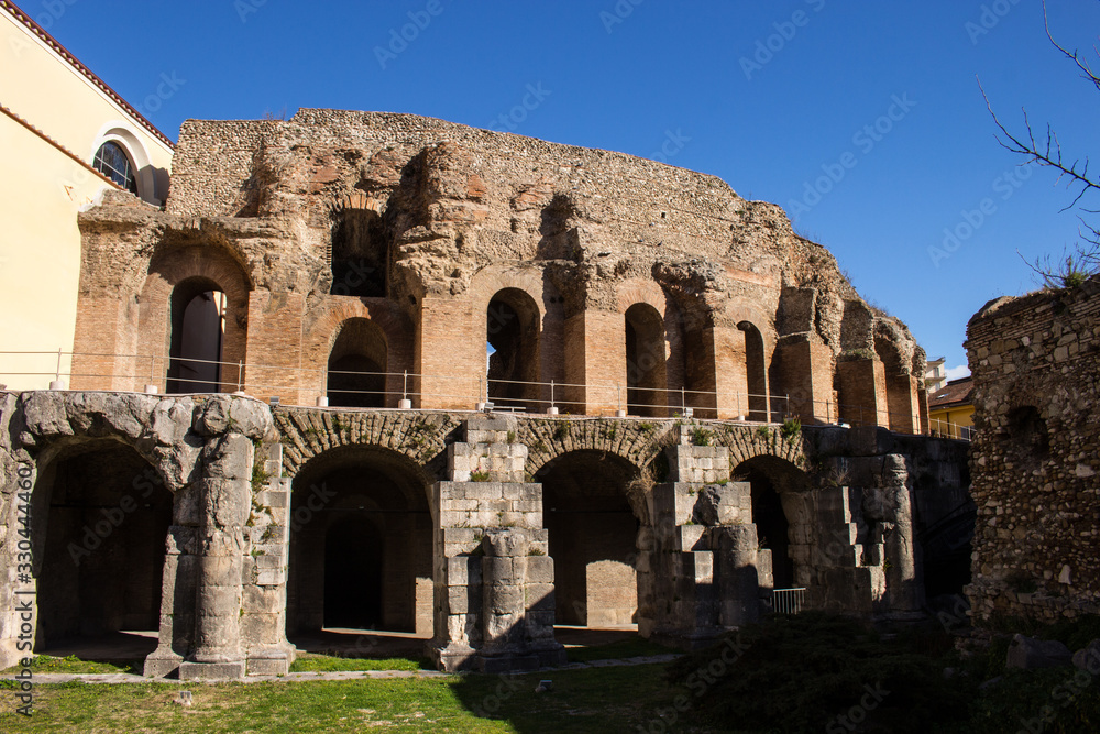 View of the Roman Theater, ancient Roman building in Benevento next to the church of Santa Maria della Verità