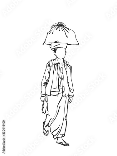 Burmese woman with no face is carrying big bag on her head  Vector sketch  Hand drawn linear illustration