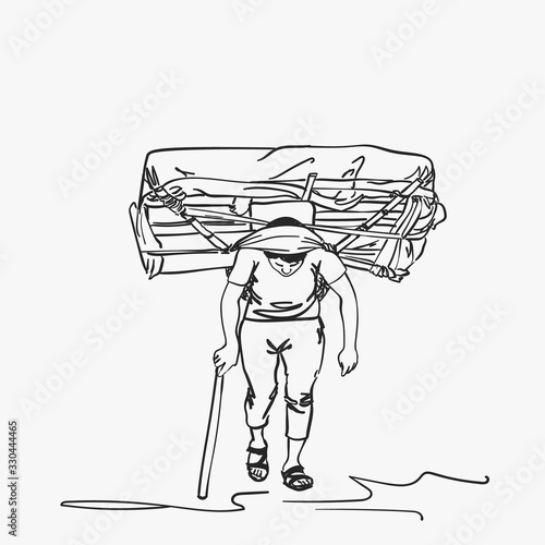 Sketch of nepali porter carrying full load heavy basket on his head in traditional way, Hand drawn linear illustration