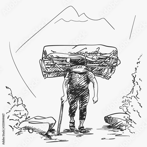Sketch of nepali porter carrying full load heavy basket on his head in traditional way in mountains, Hand drawn illustration