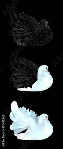 White dove pigeon low poly triangular vector illustration isolated on black. Polygonal style trendy modern logo business design template for wedding invitations. Symbol of peace, freedom and victory.