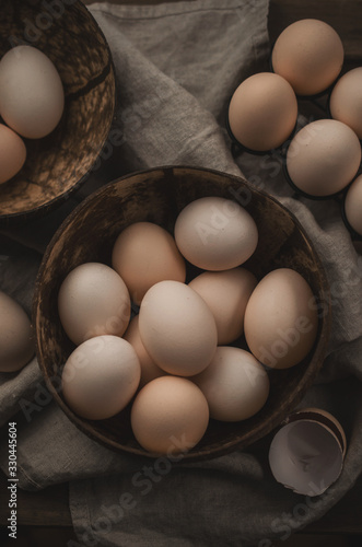 Natural, organic eggs in wooden bowl, zero waste Easter