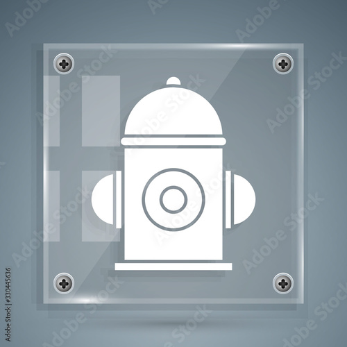 White Fire hydrant icon isolated on grey background. Square glass panels. Vector Illustration