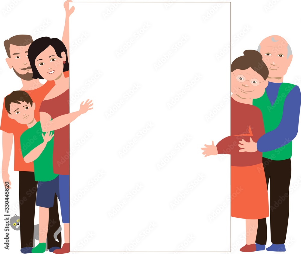 the whole family holds a large billboard, advertising, the whole family holds a large billboard, advertising,