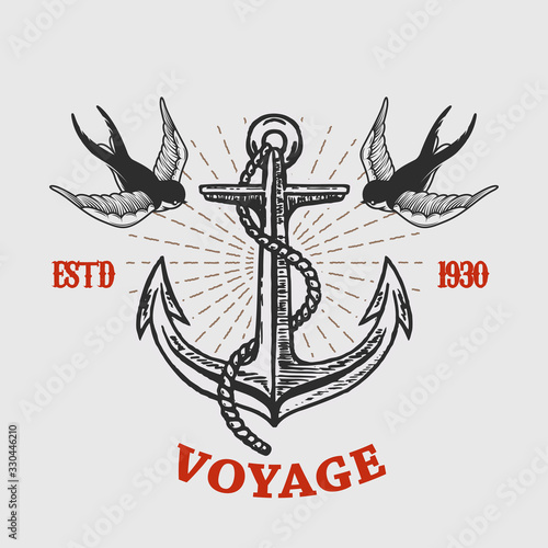 Illustration of vintage anchor with swallows in engraving style. Design element for logo, label, sign, poster, t shirt. Vector illustration