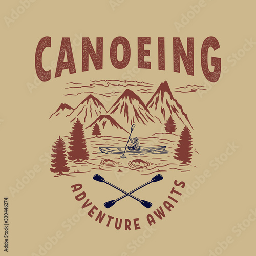 Canoeing. Illustration of wild mountains landscape, river and man on canoe. Design element for logo, label, sign, poster, t shirt. Vector illustration