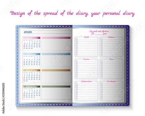 Set design of a notebook or diary page for use by a woman or a girl. With flower pattern, outline pattern, doodling. Glider for business and personal life. Daily planner, designer