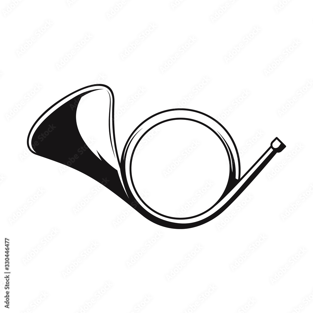 Illustration of hunting horn. Design element for logo, label, sign