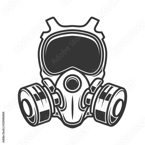 Illustration of gas mask isolated on white background. Biohazard. Coronavirus alert. Design element for poster, card, banner, flyer, emblem, sign. Vector illustration