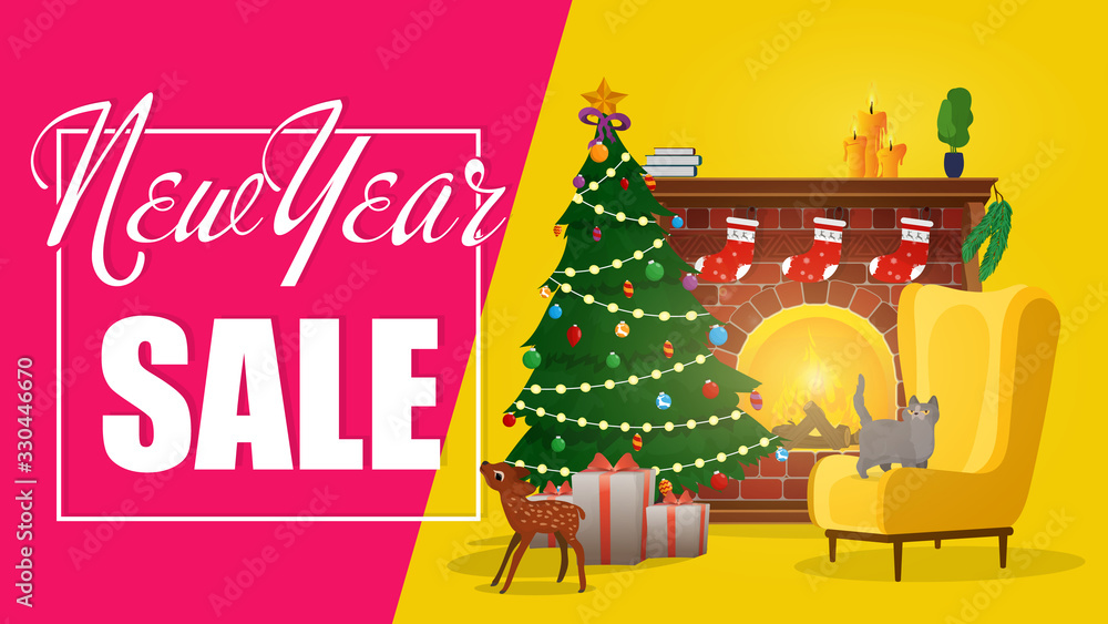 Banner New Year sale. Christmas tree, Fireplace with bonfire. Armchair by the fireplace with a cat and a Christmas tree. New Year poster vector.