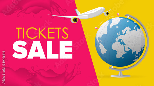 Ticket selling. The plane flies from point A to point B. Globus. Travel banner. Vectorana of the illustration.