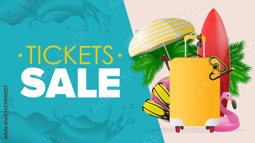 Tickets sale banner. Red surfboard, yellow suitcase for tourism, flippers, swimming mask, goggles, palm trees, umbrella, rubber rings for swimming. Vector.