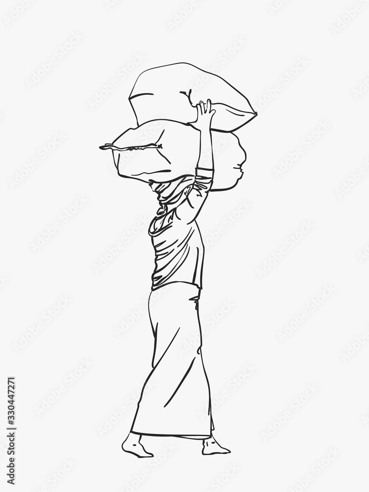 Burmese woman in longyi is carrying big bags on her head, Vector sketch, Hand drawn linear illustration. Burmese woman in longyi is carrying big bags on her head, Vector sketch, Hand drawn linear illustration.