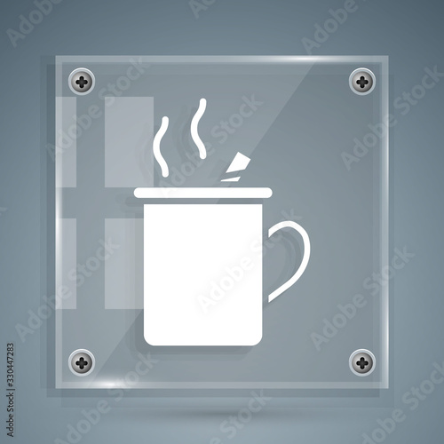 White Mulled wine with glass of drink and ingredients icon isolated on grey background. Cinnamon stick, clove, lemon slice. Square glass panels. Vector Illustration